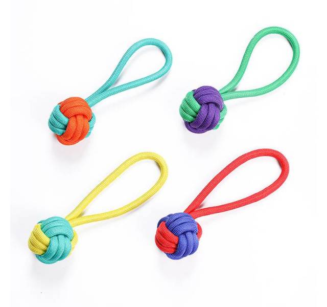 狗狗磨牙玩具拼色丙纶编织玩具手拉式单吊球全长21cm／个