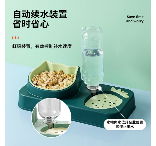 可爱猫耳宠物喂食器喵咪小狗饮水双碗三合一猫碗狗碗宠物用品-抹茶绿