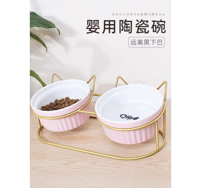 猫耳卡通铁丝架陶瓷双碗
