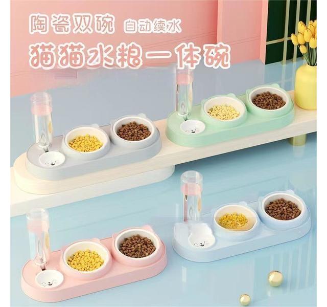 猫头陶瓷护颈自动饮水三碗